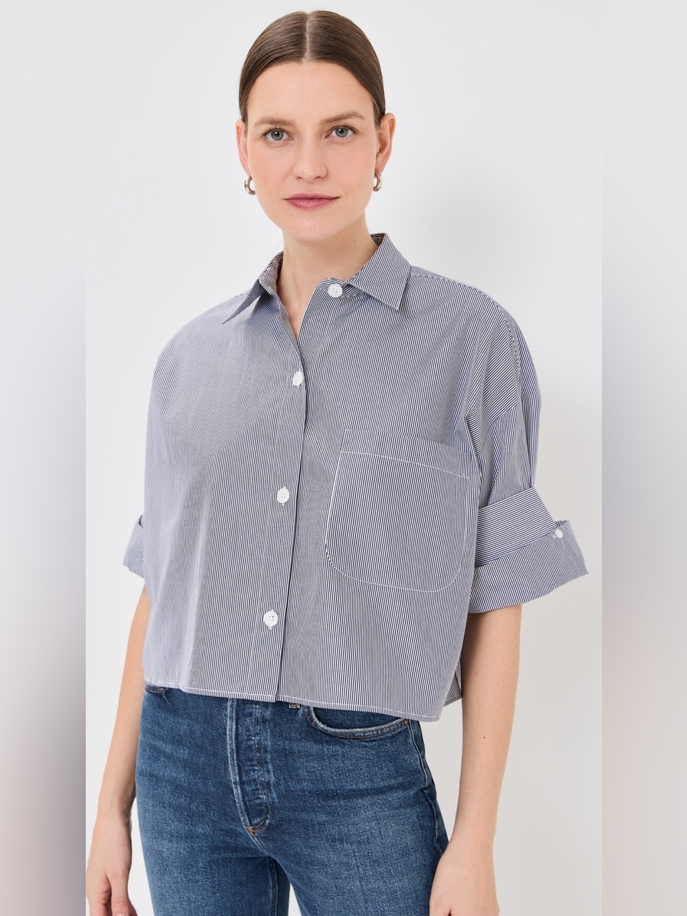 NWT TWP Next Ex Stripe Cotton Button-Up Shirt in Midnight White